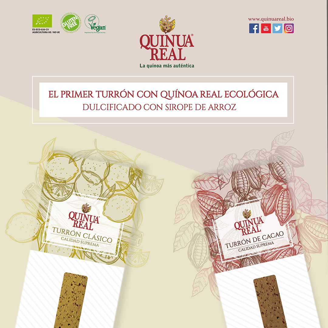Finestrasc_esp's tweet photo. ¡Vuelven los turrones de @QuinuaReal! El primer turrón elaborado con quínoa real ecológica y dulcificado con sirope de arroz, elaborado con ingredientes 100% procedentes de cultivo ecológico. Dos variedades veganas y #singluten: clásico y cacao https://t.co/58CU6g1w3N. https://t.co/QjuefnxFyq