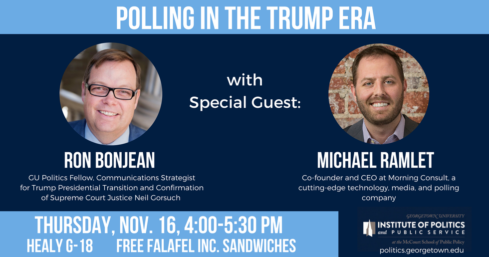 TOMORROW AT 4PM: Join <a href="/RonBonjean/">Ron Bonjean</a> &amp; special guest <a href="/MichaelRamlet/">Michael Ramlet</a> (founder of <a href="/MorningConsult/">Morning Consult</a>) to discuss #polling in today’s political era. 

Free <a href="/Falafeldc/">Falafel Inc</a>!!!

bit.ly/2jqnK3A
