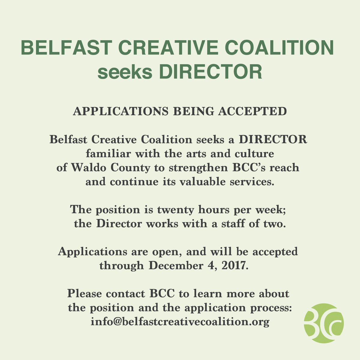 Belfast Creative Coalition is seeking a new director! Email us for more information about applying: info@belfastcreativecoalition.org
#NowHiring #belfastmaine #artsjobs