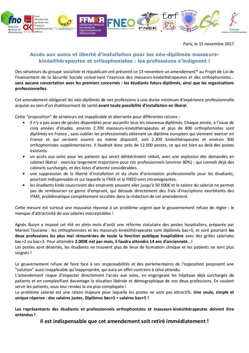 La_FNEK's tweet photo. Communiqué de Presse commun Kiné-Ortho !
Accès aux soins et liberté d’installation pour les néo-diplômés masseurs-
kinésithérapeutes et orthophonistes : les professions s’indignent !
cc @La_FNEO @cnomk @_FFMKR @SNMKR1 @alizekine @orthophonistes @FOF_Orthophonie @unadreo https://t.co/5hVfGP3y7P