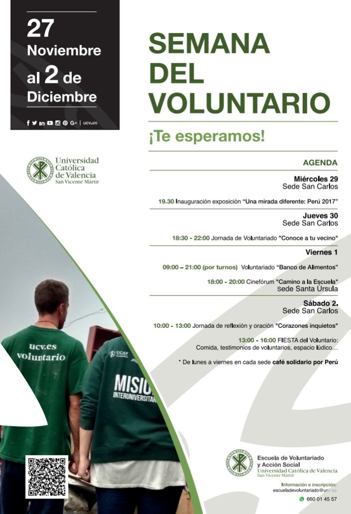 Ya tenemos el planning de la #SemanaDelVoluntario en la @UCV_es Os esperamos allí a todos!! #VoluntariosUCV #CompromisoUCV #AcciónSocialUCV #EdV