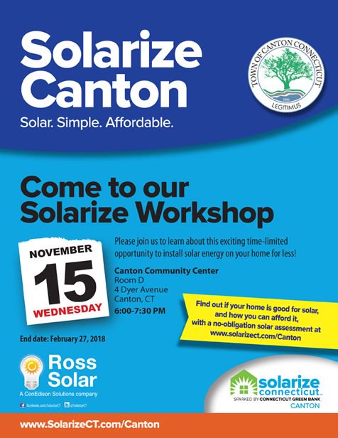 SolarizeCT's tweet image. Thinking of going solar? Check out the Canton Solarize workshop tonight at 6 pm at Canton Community Center, Room D, 4 Dyer Street, Canton or sign up at for a free solar evaluation of your home at bit.ly/2AGtieI