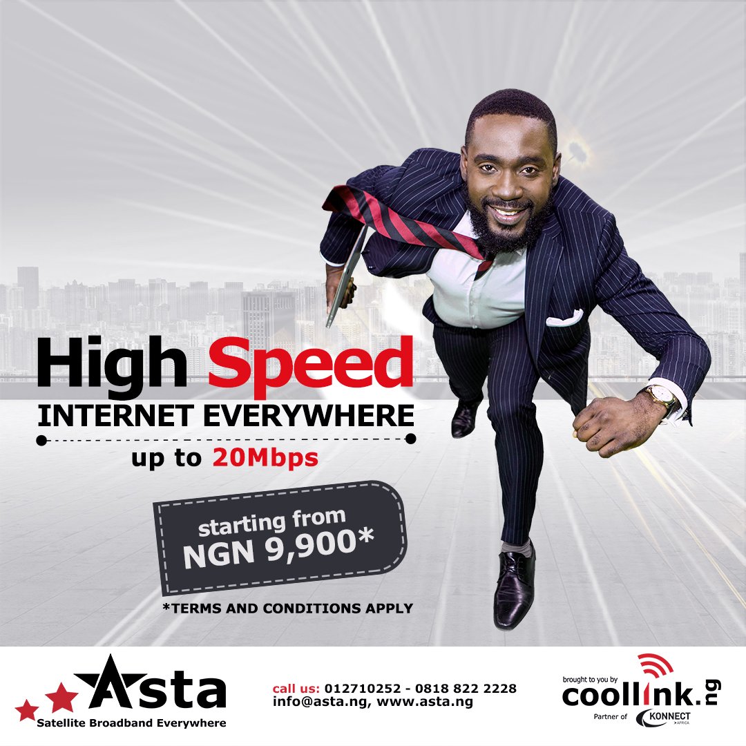 mycoollink's tweet photo. Asta! Highspeed internet everywhere in Nigeria! https://t.co/6SIOxuz0fl Up to 20Mbps download speeds #broadband #highspeed #reliable #satellite #broadband #kaband #lagos #abuja #portharcourt #kano #eko #nigeria #20mbps #datarollover #freenightbrowsing #sme #business #coollink https://t.co/pPxajou3yh