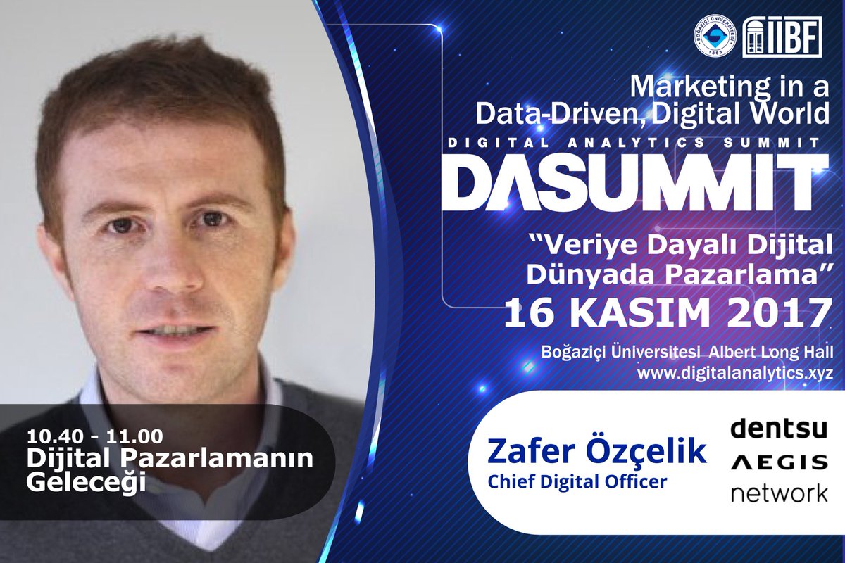 Dentsu Aegis Network Türkiye CDO’su Zafer Özçelik, “Dijital Pazarlamanın Geleceği”  konuşmasıyla yarın saat 10.40’ta <a href="/UniBogazici/">Boğaziçi Üni.</a> Digital Analytics Summit’te! 
<a href="/DigitalSummitBU/">Digital Analytics</a>