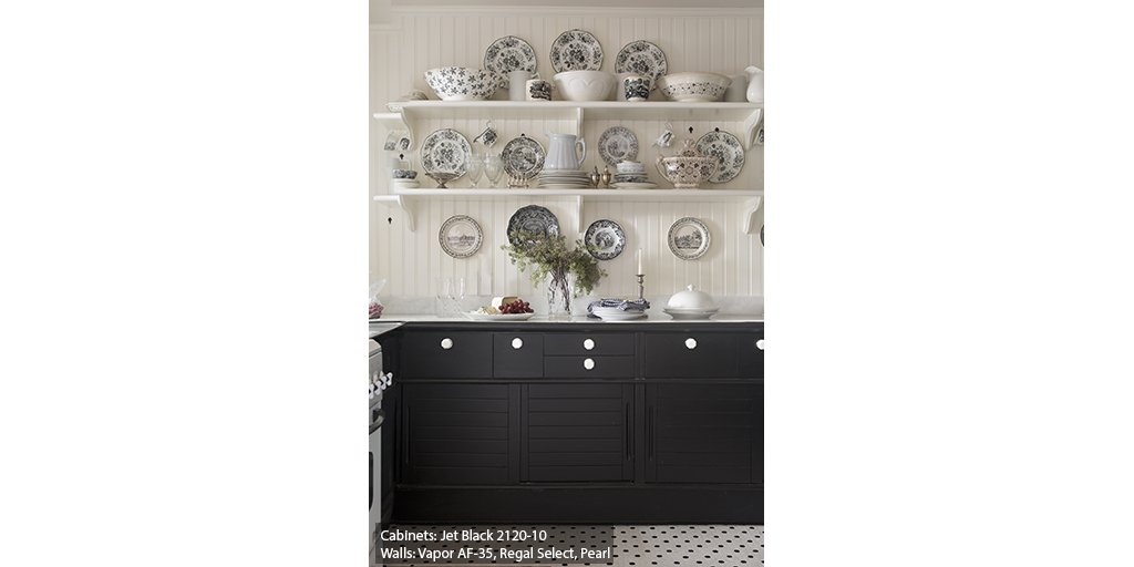 Benjamin Moore on X: Incorporate elegant shades like Vapor AF-35 and Jet  Black 2120-10 to elevate your kitchen design.  / X