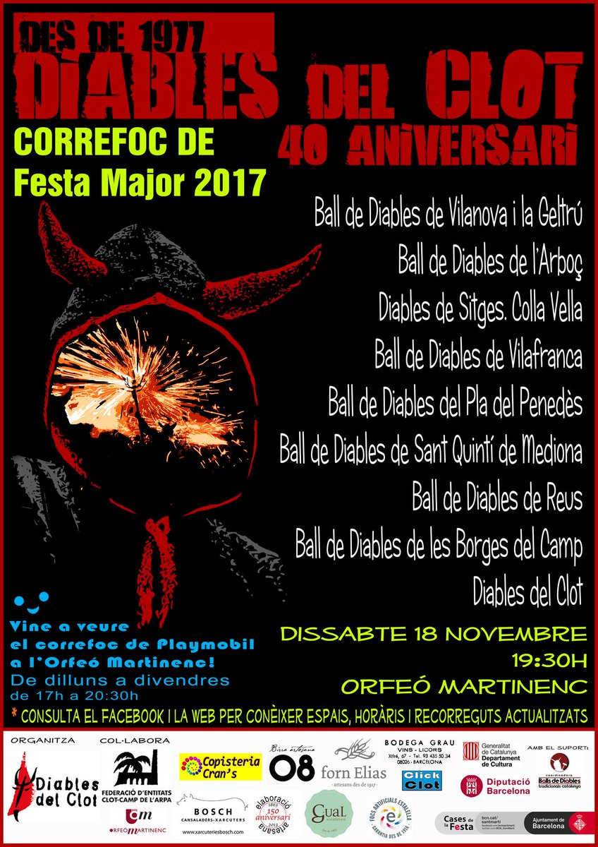 Diss. 18, segon gran 😈#CORREFOC😈 de l'any al Clot en motiu del nostre 40è aniversari! Per Festes de Primavera ens van acompanyar algunes de les colles més antigues de la Ciutat, aquest cop hem volgut que ho facin algunes de les colles que ja estaven en actiu l’any vam néixer