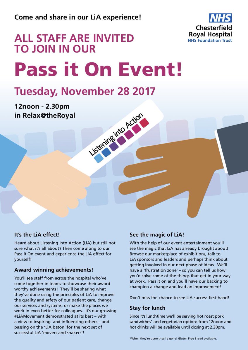 LiAChesterfieldRoyal (@liacrhospital) on Twitter photo <a href="/royalhospital/">Chesterfield Royal Hospital NHS FT</a> <a href="/RoyalPrimary/">Royal Primary Care</a> staff you're all invited! Come and join our <a href="/LiAJourney/">ListeningintoAction</a> celebrations and have fun - not to mention a sarnie! <a href="/royalhospital/">Chesterfield Royal Hospital NHS FT</a> <a href="/RoyalPrimary/">Royal Primary Care</a> staff you're all invited! Come and join our <a href="/LiAJourney/">ListeningintoAction</a> celebrations and have fun - not to mention a sarnie!