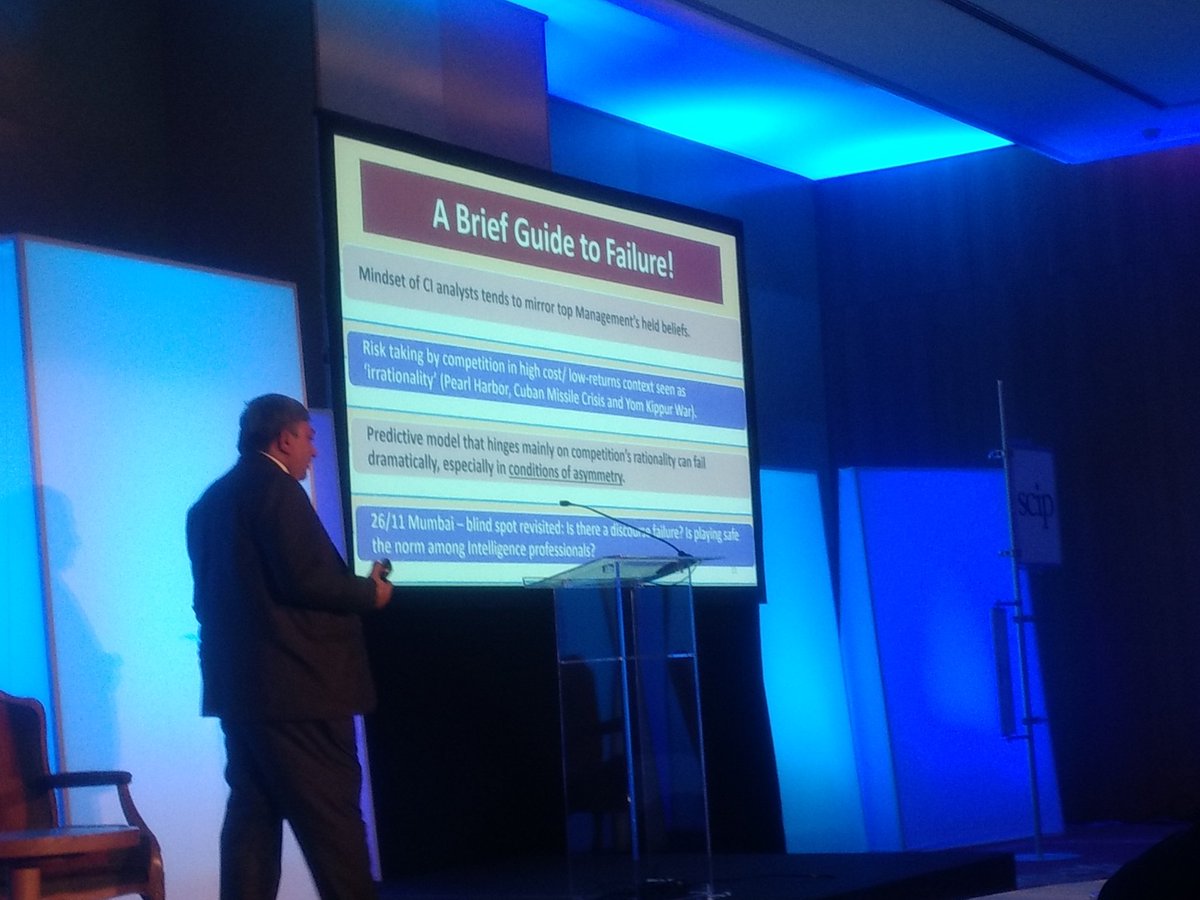 cristobalh's tweet photo. "A brief guide to failure" at #SCIP17EU by General Neeraj Bali. Companies can learn a lot from Governments' and armies' intel experiences for their own business strategies #competitiveintelligence @SCIP @SCIPes https://t.co/LVAtPt38i9