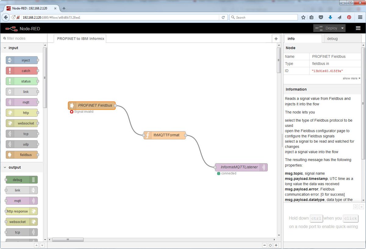 AlexKoeMUC's tweet photo. @netIOT @IBMIoT @WW_Informix Now let the magic begin: Step 1: Install/run the #IBM #Informix container on the #netPi. Step 2: Install/run the #Hilscher netPi-Fieldbus container on the #netPi. Step 3: write a simple #Node-RED flow. You'll get an instant e.g. #PROFIBUS #IoT data historian! :) @IBMIoT @netIOT https://t.co/CRGIrblGkH