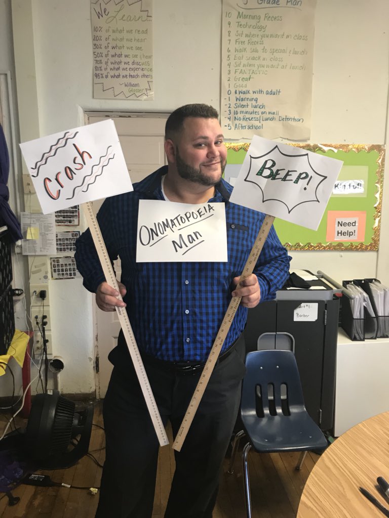 Mrs_Barber8's tweet photo. Onomatopoeia man stopped in to make figurative language more engaging! @Hamilton_Elem @Mr_Rossler https://t.co/rackhNEDq8