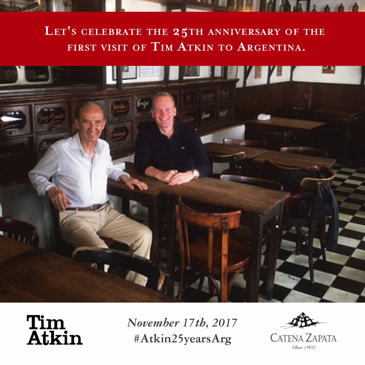 CatenaMalbec's tweet photo. Let's celebrate the 25th anniversary of the first visit of @TimAtkin to #Argentina!
November 17th, at the Argentina Ambassador's Residence in #London. @ARGinUK @GuillermoPontis https://t.co/JUiYbXGswQ