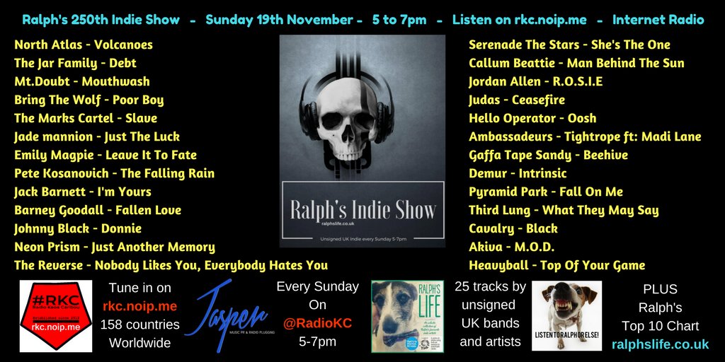 Remembering Ralph's Life with The Life of Brian (@fruitbatwalton) on Twitter photo Ralph's Indie Show on <a href="/RadioKC/">#π₯ππ</a>
Sunday 19th November from 5-7pm GMT
Tracks by:
<a href="/serenade_stars/">Serenade The Stars</a>
<a href="/callumbeattieuk/">Callum Beattie</a>
@JordanAllenUK
@WeAreJUDAS
<a href="/hello_operator/">Hello Operator</a>
<a href="/AmbassadeursUK/">Ambassadeurs</a>
<a href="/gaffatapesandy/">Gaffa Tape Sandy</a>
<a href="/wearedemur/">Demur</a>
<a href="/1pyramidpark/">pyramidpark</a>
<a href="/ThirdLungUK/">THIRD LUNG</a>
<a href="/cavalryofficial/">c a v a l r y .</a>
<a href="/akivamusic/">Akiva</a>
<a href="/Heavyballreal/">Heavyball</a> Ralph's Indie Show on <a href="/RadioKC/">#π₯ππ</a>
Sunday 19th November from 5-7pm GMT
Tracks by:
<a href="/serenade_stars/">Serenade The Stars</a>
<a href="/callumbeattieuk/">Callum Beattie</a>
@JordanAllenUK
@WeAreJUDAS
<a href="/hello_operator/">Hello Operator</a>
<a href="/AmbassadeursUK/">Ambassadeurs</a>
<a href="/gaffatapesandy/">Gaffa Tape Sandy</a>
<a href="/wearedemur/">Demur</a>
<a href="/1pyramidpark/">pyramidpark</a>
<a href="/ThirdLungUK/">THIRD LUNG</a>
<a href="/cavalryofficial/">c a v a l r y .</a>
<a href="/akivamusic/">Akiva</a>
<a href="/Heavyballreal/">Heavyball</a>