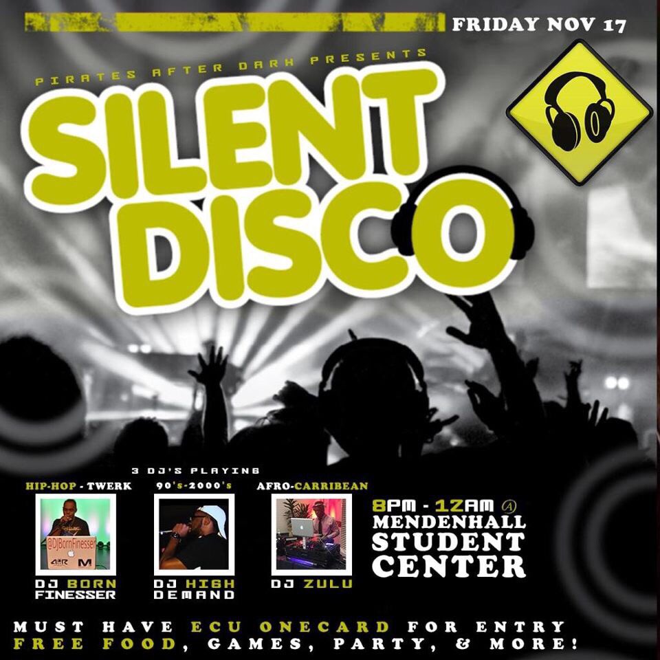 ECU_SAB's tweet photo. don't forget about silent disco this friday from 8pm-12am!!! FREE food, &amp; 3 dj's! You don't want to miss this event #ecusab https://t.co/BIbqUS5Rfn