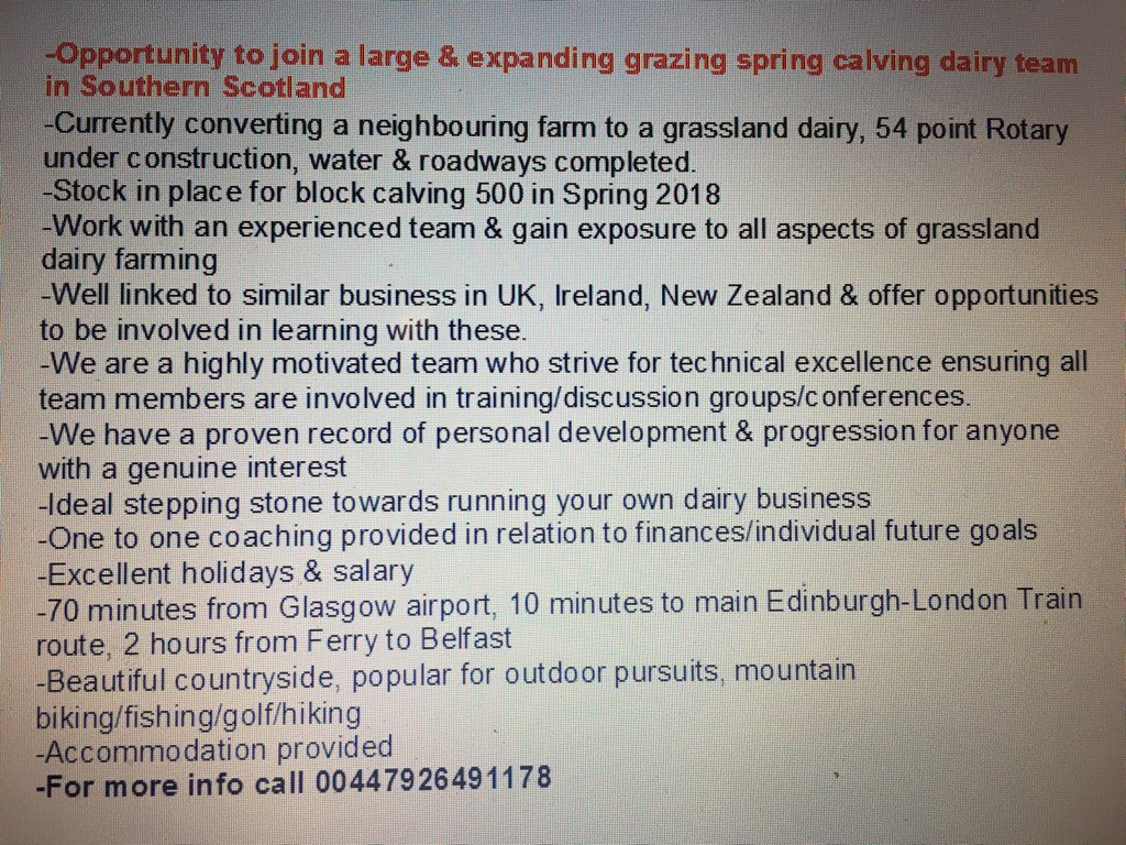 Recruiting for greenfield grassland dairy SW Scotland #teamdairy #cows