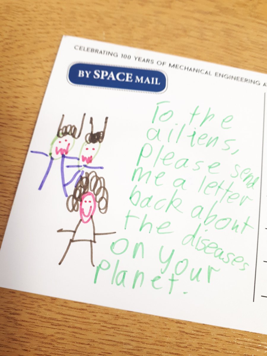 SheffMechEng's tweet photo. And our most favourite of all. This little girl was around 5 years old and was gravely concerned about the diseases on other planets. #Mech100 https://t.co/bPXjhVrMa6 https://t.co/4BnHH2CyEY
