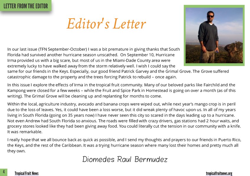 RareFruitMiami's tweet photo. Our members only issue of #TropicalFruitNews is hot off the press. Vol. 60, No. 6 covers post IRMA #LarrySchokman #Velvetapple #Mabolo #RFCI https://t.co/ORinTnZ1kh