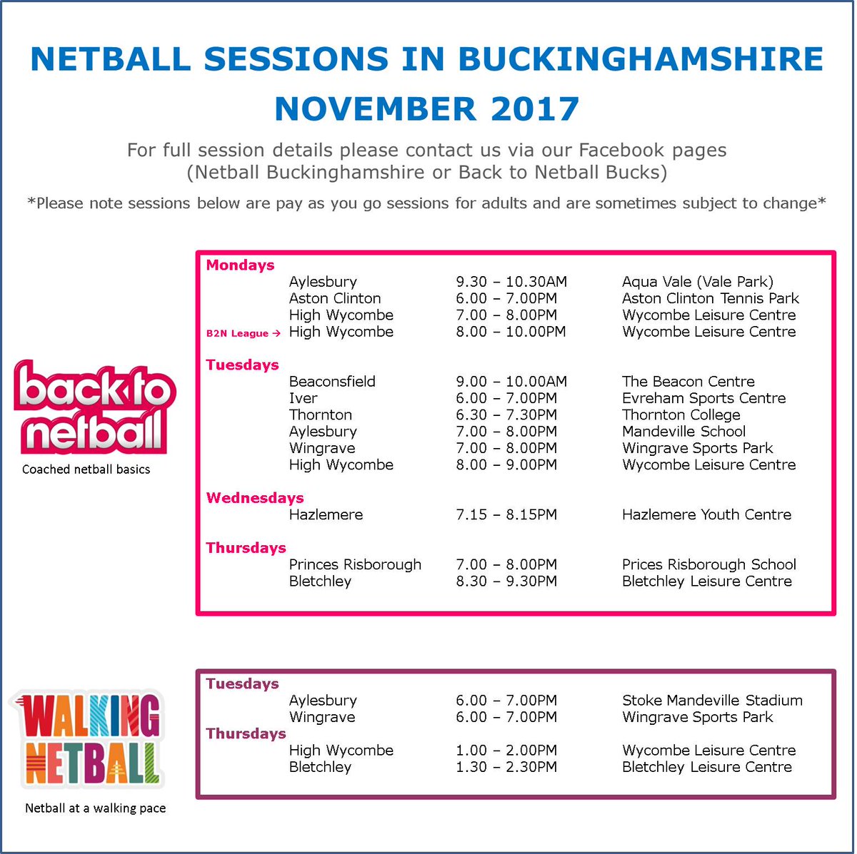 NetballBucks's tweet photo. NOVEMBER NETBALL!! Take a look at the updated list of pay as you go netball sessions in Bucks for November. #AutumnFun #Fitness #ThisGirlCan https://t.co/a6sHV3isC1