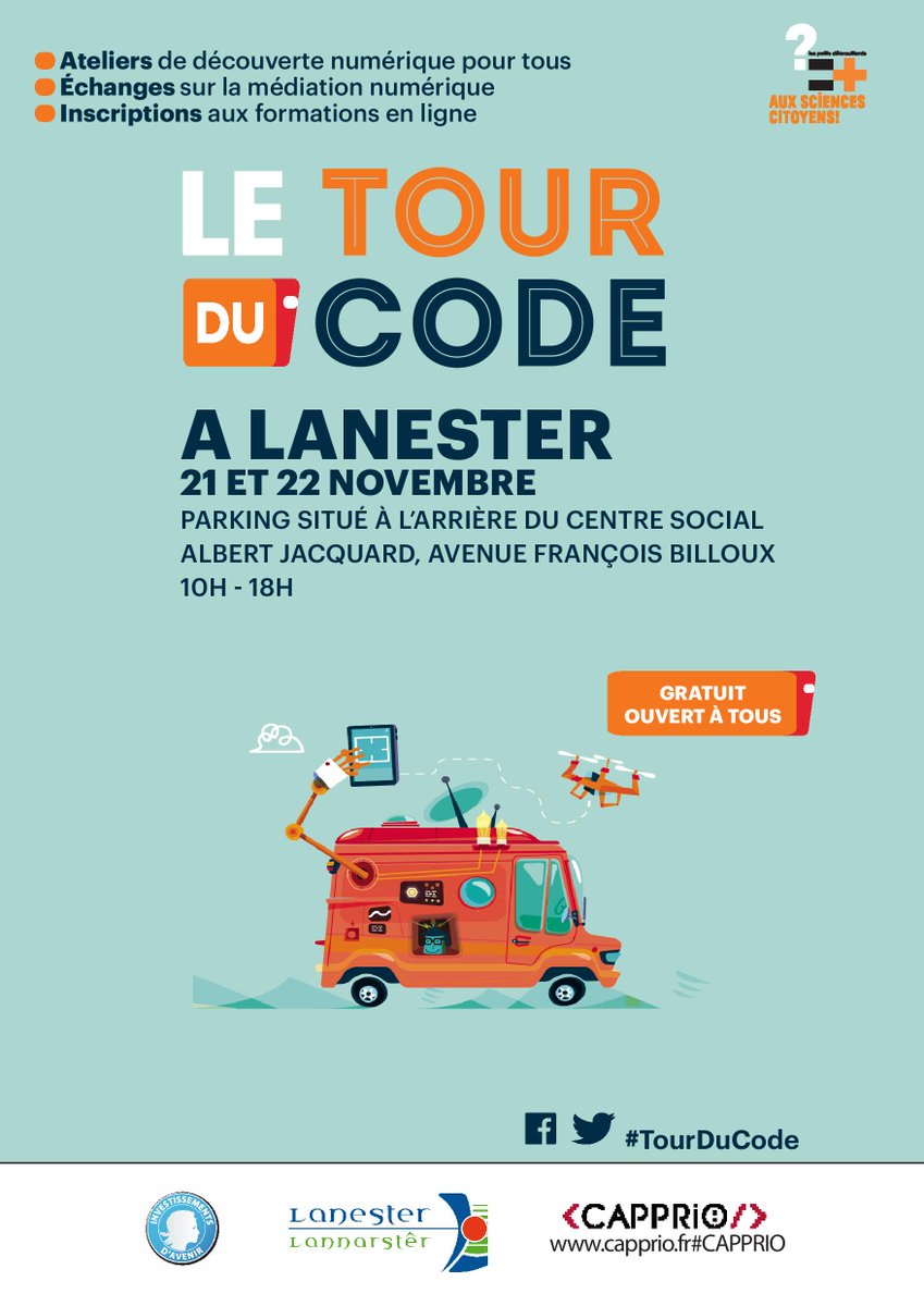 PtitsDebLorient's tweet image. Intéressé par le #Numérique ? RDV à Lanester, Centre social Albert Jacquard, le mardi 21 et mercredi 22 novembre 2017 pour le #TourDuCode avec @debrouillotwit #CAPPRIO