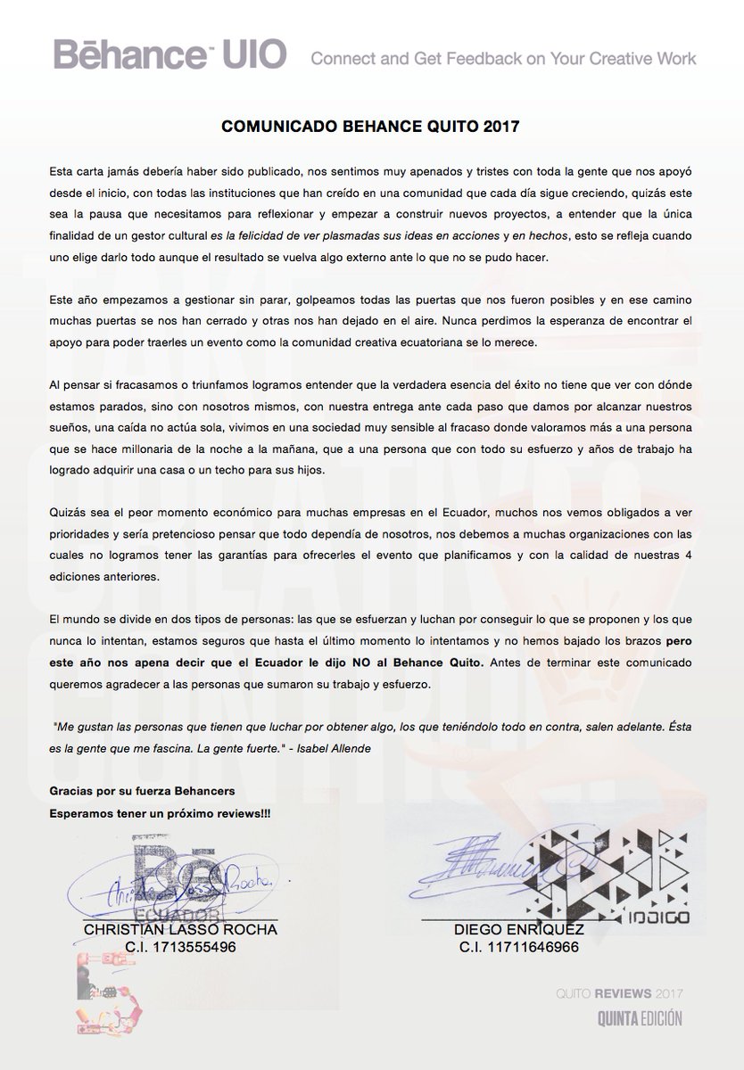 behanceQUITO's tweet photo. COMUNICADO BEHANCE QUITO Este año el Ecuador le dijo NO al Behance Pedimos disculpas a nuestros líderes y conferencistas, les estamos haciendo llegar una carta el material y regalos que preparamos para esta edición gracias por su comprensión. Esperamos tener un próximo reviews. https://t.co/wmgLDMLEmK