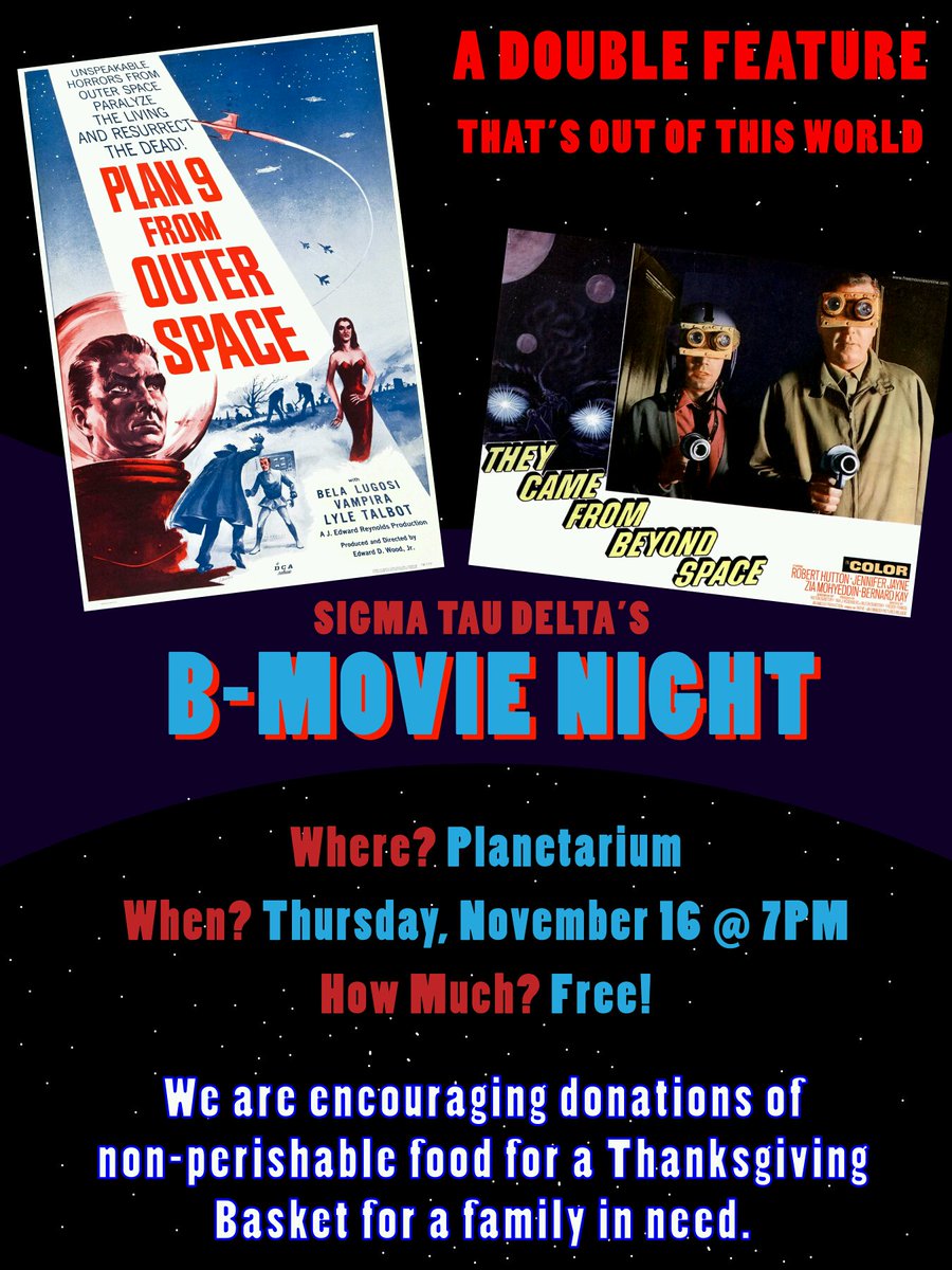 toriewrites's tweet image. Come join @FSUSigmaTD tomorrow at 7 in the Planetarium to watch B-Movie!