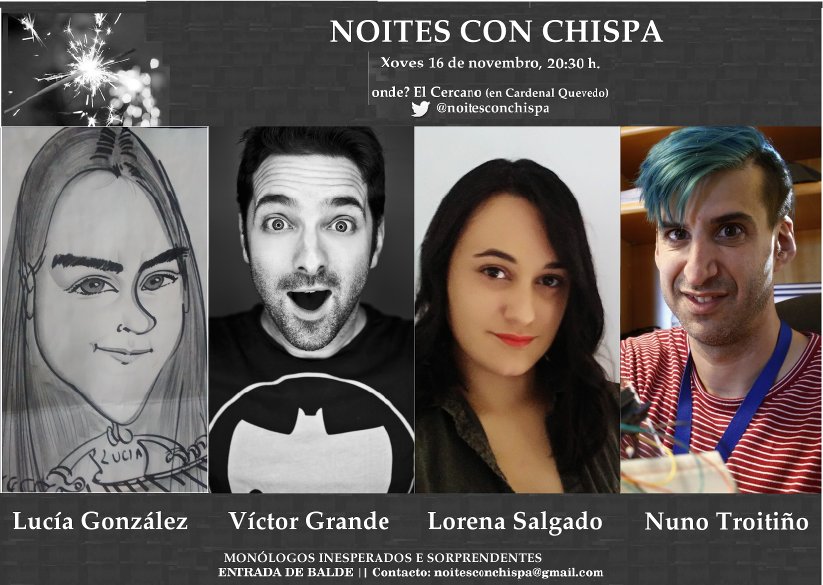 noitesconchispa's tweet photo. Tan só queda un día para #NoitesConChispa. @nunotecnologias di que seica nos porá a facer o zángano en @elcercano . Preparade o voso mellor zumbido e vide co voso zángano ou rai��a a pasar un anaco entretido. Lembrade, as 20:30 hora local de Ourense. https://t.co/SBd8qZSZNE