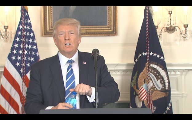 markknoller's tweet photo. About 10 minutes into his remarks, Pres Trump pauses to open a bottle of water to take a drink. https://t.co/8DqX2XLd4D