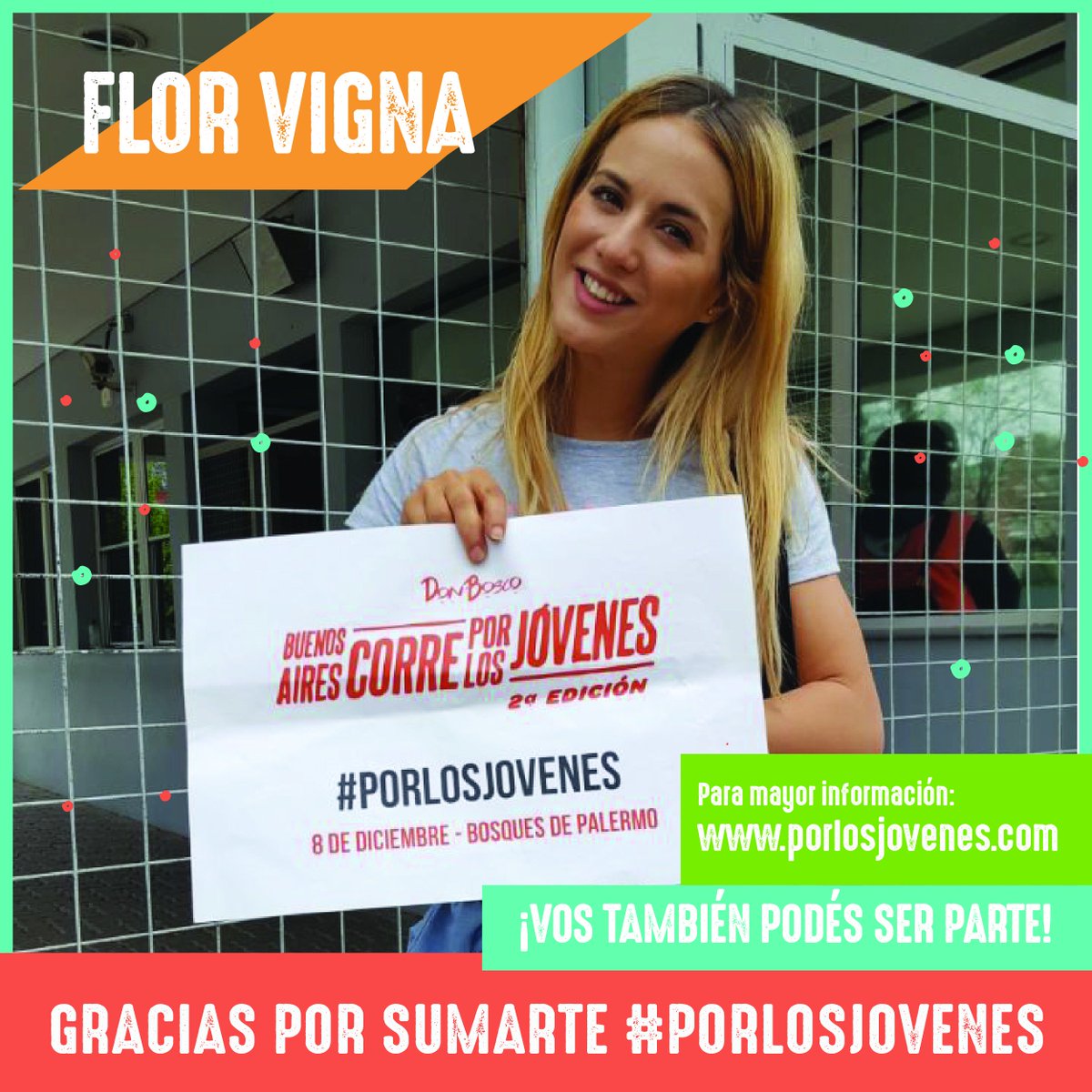 El viernes 8 de diciembre se realiza la 2° edición de Corre por los Jóvenes en los bosques de Palermo, a las 8.30 hs. Vos también podes sumarte a ayudar #porlosjovenes <a href="/flor_vigna/">Florcita</a> 
Para mas información ingresá en: porlosjovenes.com