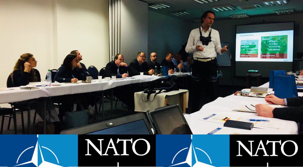 Laevobv's tweet image. Founder @bmwisse presenting #exoskeleton #Laevo during the @NATO “integration of the exoskeleton in the battlefield workshop 2017” in Slovakia.