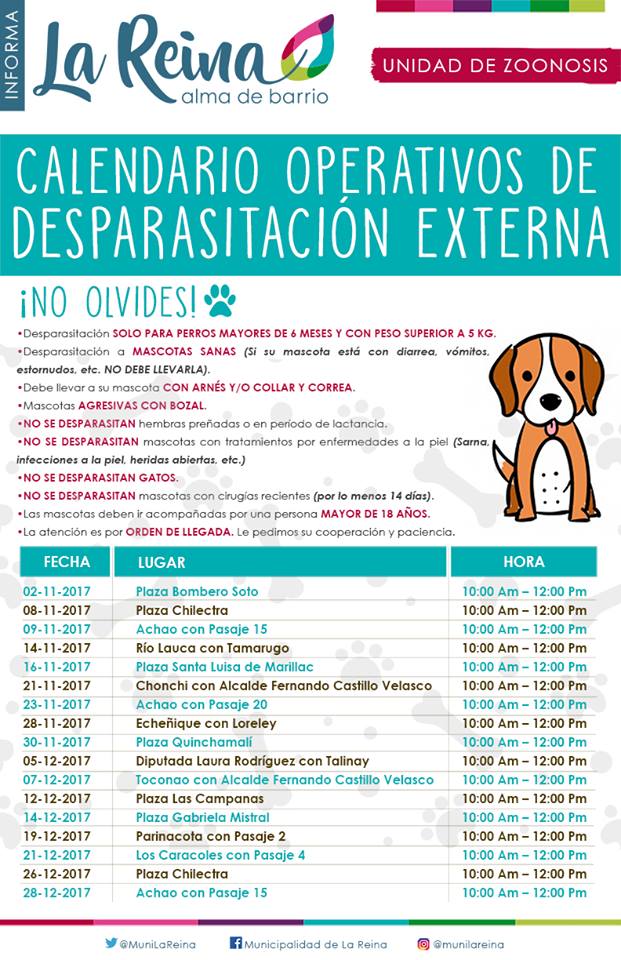 Atención vecinos de #LaReina: La <a href="/MuniLaReina/">La Reina</a>  te invita a conocer el calendario de los operativos de Desparasitación Externa (garrapatas) ➜ goo.gl/B7wKG6