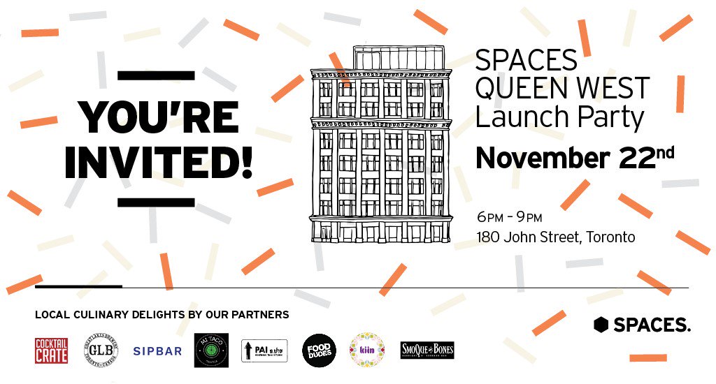 TOEntrepreneur's tweet photo. Don’t forget to bring your appetite to the #SpacesQueenWest Launch Party! @spacesworks amazing sponsors will give you a taste of some of the city’s best local flavours. https://t.co/WM3IdZkdUp