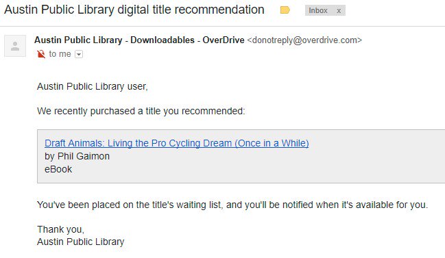 stefanrothe's tweet photo. Yes! @AustinPublicLib @OverDriveLibs coming through again! Long bike rides will be more entertaining thanks to latest @philgaimon #DraftAnimals audiobook. (Tell your local library and they'll buy it for you) https://t.co/xs26Z7rbuN