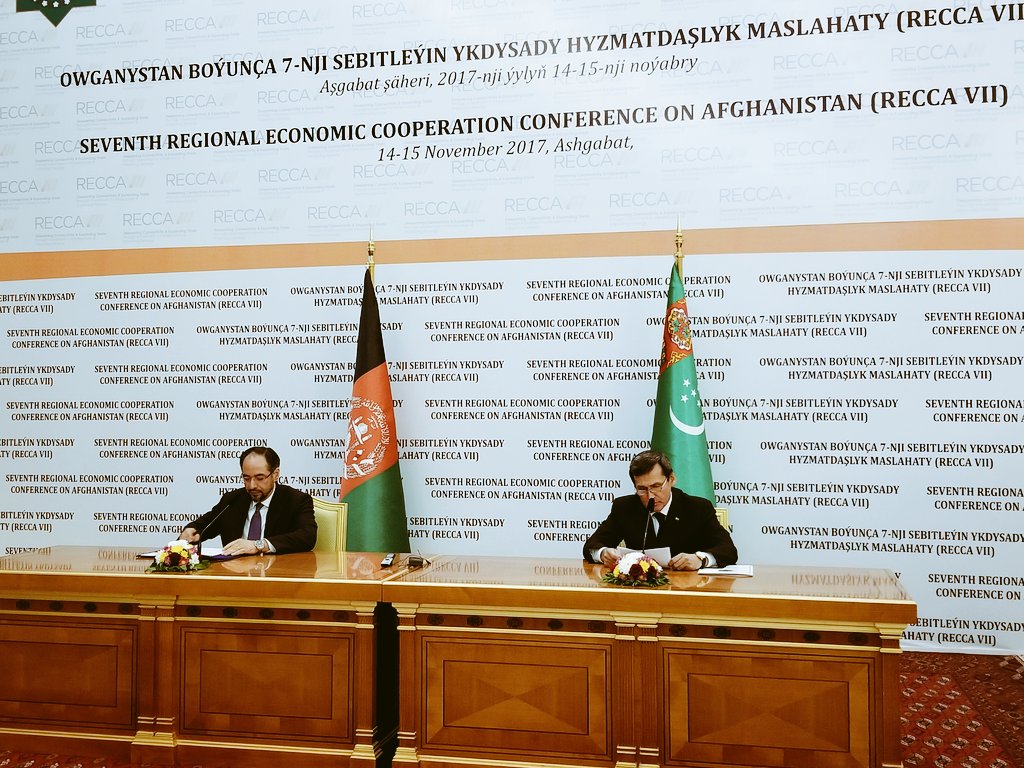 MAshrafHaidari's tweet photo. Foreign Minister @SalahRabbani and his #Turkmen counterpart hold press conference to discuss today's #RECCAVII meeting, highlighting the issues that were discussed & agreed upon, including reaffirmation of international commitment to #Afghanistan's integration with the region. https://t.co/tUjnkTLJlQ