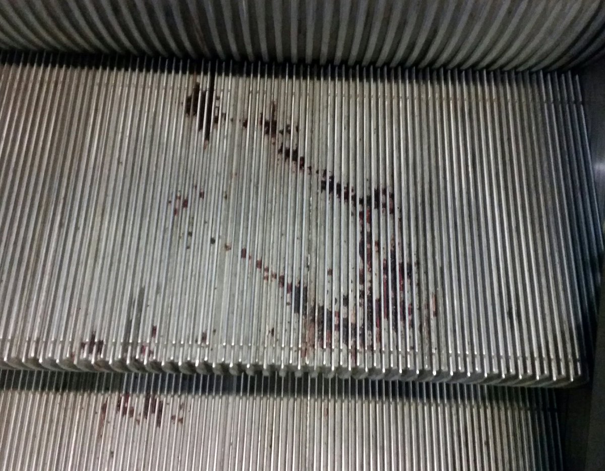 ReynoldsConor's tweet photo. @IrishRail Might be time to give the escalator in Connolly station a clean. Wee bit of blood splatter. https://t.co/ljDmVI7uLJ