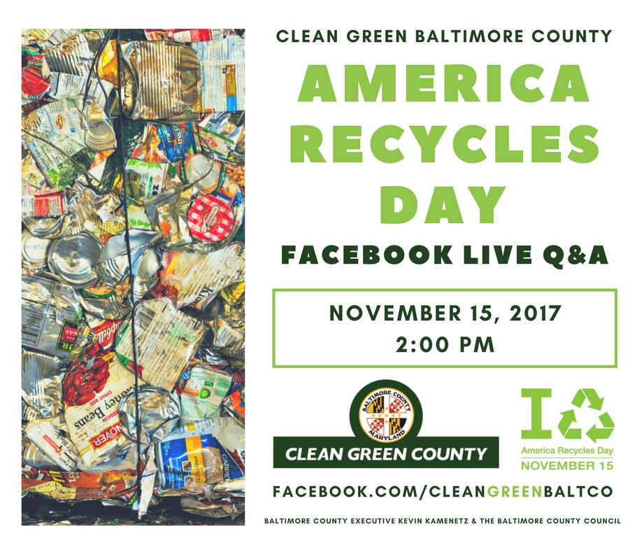 BaltCoGov's tweet photo. Tune in to #CleanGreenBaltCo's @recyclesday Facebook Live Q&amp;A TODAY to hear your #Recycling answers! https://t.co/CCN0E6VIak #BeRecyled https://t.co/969uxokMK3