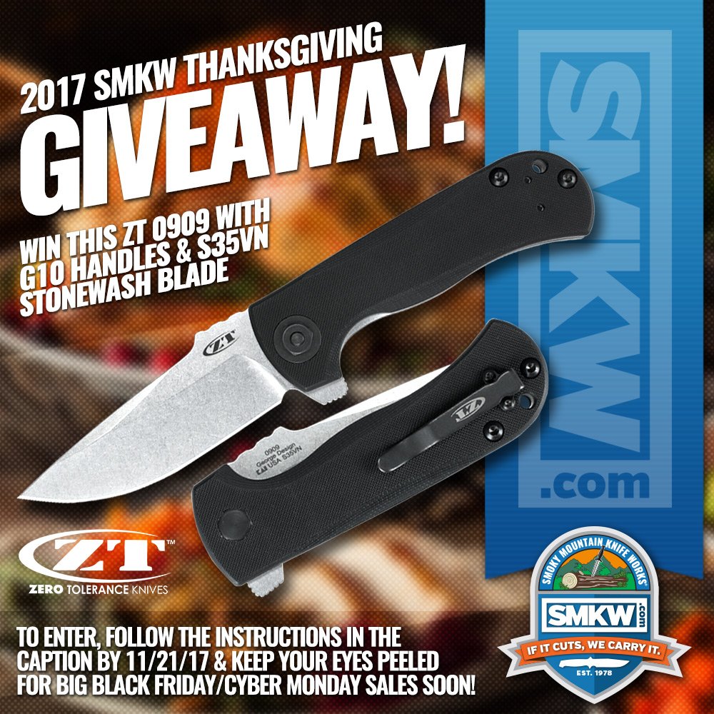 SMKWcom's tweet image. SMKW Giveaway! Win this @ZTKnives ZT 0909! Retweet this image with #thanks by 11/21/17 to enter! Look for big announcements on Black Friday/Cyber Monday Sales comeing soon at smkw.com