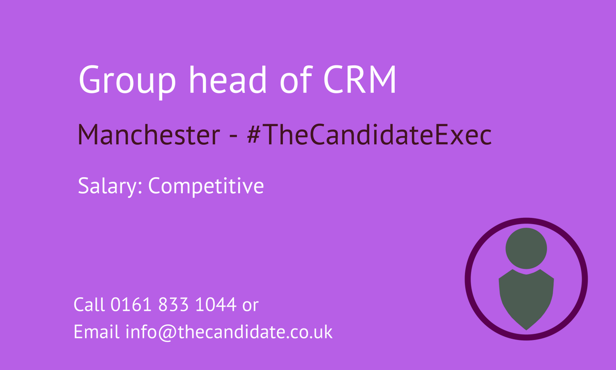 thecandidateuk's tweet photo. Exclusive opportunity! A leading multi-channel retailer is on the hunt for a Group Head of #CRM. Are you up for the challenge? Apply now! 
#TheCandidateExec #Manchester 
https://t.co/LVP1xbGwLb https://t.co/pIsNVnnulo