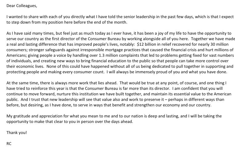 MikeGrunwald's tweet photo. BREAKING: Here’s Richard Cordray’s memo to the @CFPB. He’s stepping down by the end of the month. https://t.co/7LK7UlsHAp