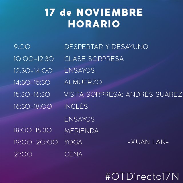 OT_Oficial's tweet photo. ¡Buenos días! Hoy los chicos tendrán una clase sorpresa de la que (aún) no os podemos desvelar nada 😝 Para lo demás, este es el horario de hoy #OTDirecto17N https://t.co/3ykFC7c7Lu