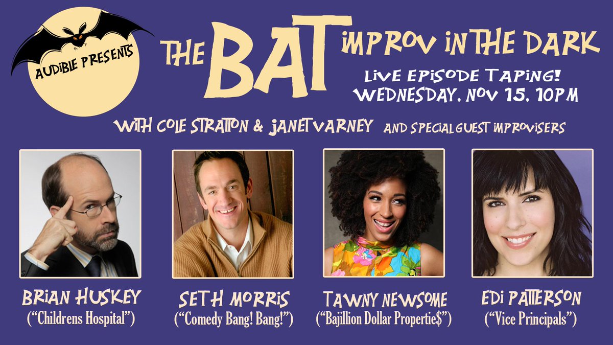 Tonight <a href="/westsidecomedy/">Westside Comedy</a> 10pm! THE BAT: IMPROV IN THE DARK live for <a href="/audible_com/">Audible</a> w/ <a href="/thebrianhuskey/">BRIAN HUSKEY</a> <a href="/sethismorris/">Seth Morris</a> <a href="/TrondyNewman/">Tawny “My Name is Tawny” Newsome</a> &amp; <a href="/EdiPattersonHi/">Edi Patterson</a> westsidecomedy.com/events/event/t…
