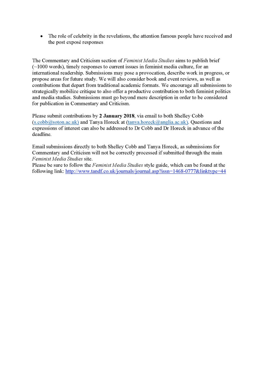ARC__Media's tweet photo. Tanya Horeck and Shelley Cobb @bellecobb are guest editing Commentary &amp; Criticism in Feminist Media Studies on "Post Weinstein: Gendered Power and Harassment in the Media Industries" Please consider submitting an essay, deadline January 2, 2018! See the CFP below. https://t.co/3RnhlDR7PE