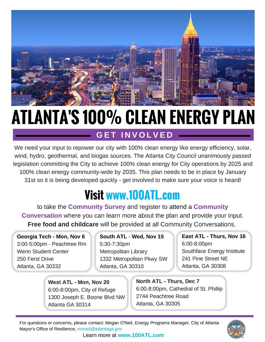 ATLParksandRec's tweet photo. The @CityofAtlanta is committed to 100% CleanEnergy by 2035! ☁️Take part in @ATLResilience’s #100ATL Plan here: https://t.co/83oSWyO8ps https://t.co/GlXhvlubFF