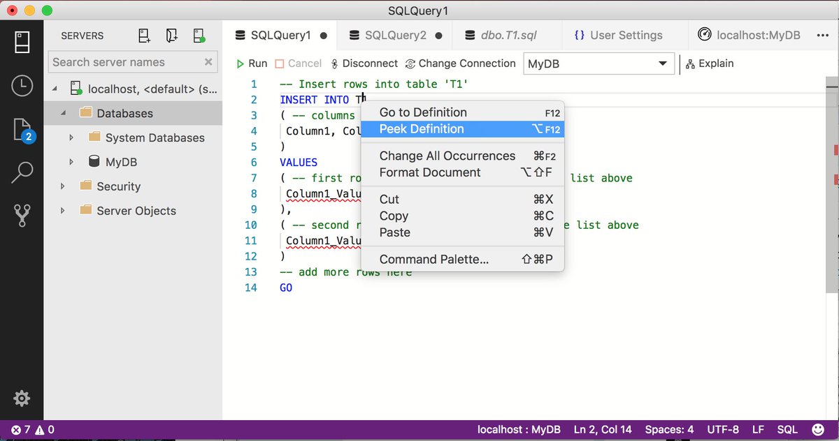 kevcunnane's tweet image. #sqlopsstudio quick guide 2: right-click on a table and use "Peek Definition" to see the table schema inline. No more browsing in Object Explorer to see all columns and their data types