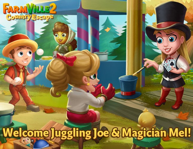 farmville2's tweet photo. #WednesdayWisdom Joe the Juggler 🤹 and Magician Mel 🎩 are here to help you on the Thanksgiving 🦃 Fete on #FarmVille2CountryEscape! 🎉 https://t.co/fdWsVuKlUZ