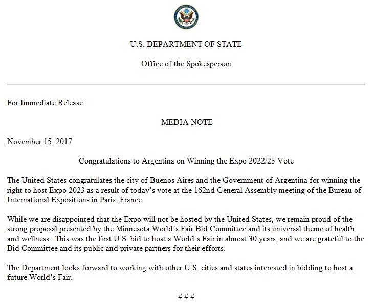 We congratulate Buenos Aires and @Expo2023Arg for winning the right to host #Expo2023. We’re proud of #Minnesota’s <a href="/Expo_2023/">Expo2023 Minnesota</a> proposal, and grateful to all those who helped support the bid.