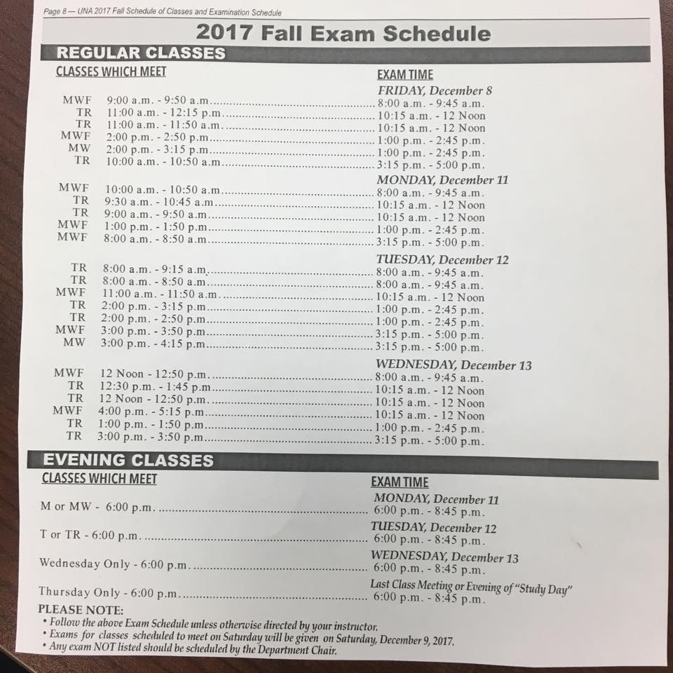 UNAManeCard's tweet photo. Wondering when your exams are? Here you go! 
@north_alabama @UNA_Dining @unastudents @UNA_DofSA @UNAAthletics https://t.co/8LBzPt6Y5w