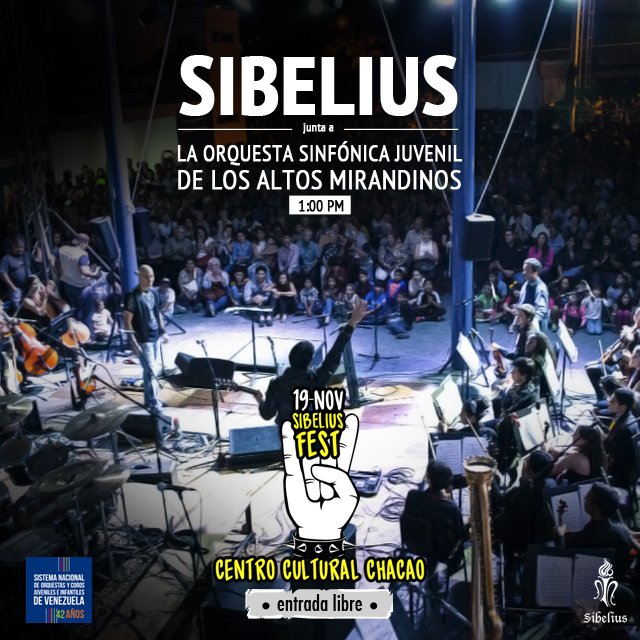 Sibelius (@bandasibelius) on Twitter photo Nos vemos este #19nov en el Centro Cultural Chacao donde nos estaremos presentando junto a la Orquesta Sinfónica Juvenil de los Altos Mirandinos con una puesta de más de 60 músicos en tarima #HELL #YEAH <a href="/osjaltosmir/">Osj Altos Mirandinos</a> Nos vemos este #19nov en el Centro Cultural Chacao donde nos estaremos presentando junto a la Orquesta Sinfónica Juvenil de los Altos Mirandinos con una puesta de más de 60 músicos en tarima #HELL #YEAH <a href="/osjaltosmir/">Osj Altos Mirandinos</a>