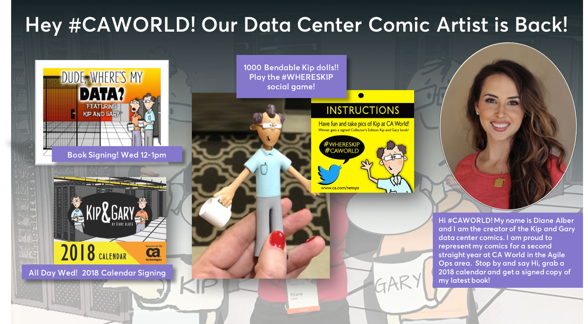 JeremyRossbach's tweet image. Welcome back @kipandgary & @ArtistDi to #CAWORLD! Calendar, book signings & and take Kip with you! Play the #WHERESKIP game & win! #networkmonitoringsoftware