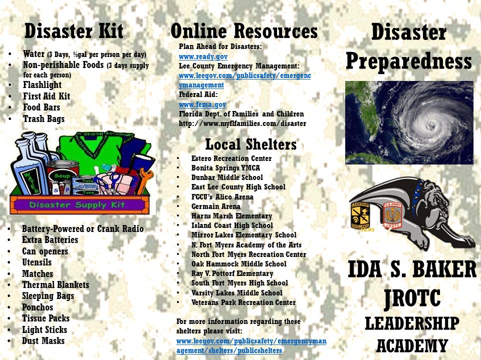 IdaBakerJROTC's tweet photo. After Hurricane Irma hit our area, Ida Baker JROTC Cadets worked hard on an information campaign about Disaster Preparedness. This tri-fold is one of the great products they created to help others during disasters.  Check it out and please retweet to as many times as possible! https://t.co/ddfjPQaed4