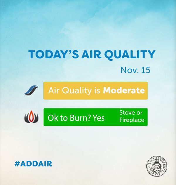 CABQAir's tweet photo. Daily Air Quality Alert: How’s the air today in Albuquerque? • Air Quality = Moderate • Ok to Burn? Yes (Stove or Fireplace Only) #AddAir https://t.co/0AaELH3hKt