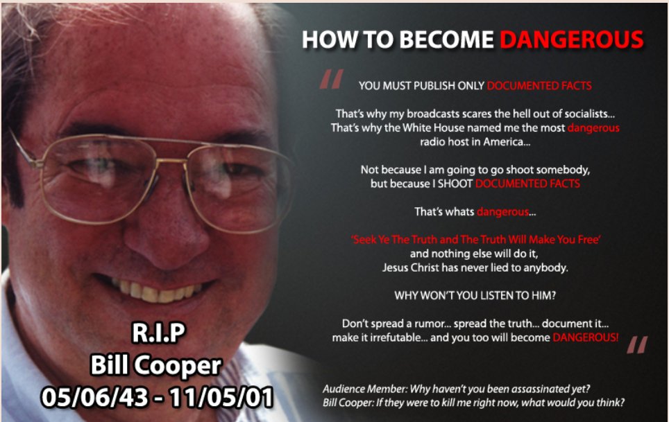 TrippenIn's tweet photo. If You've Never Heard Of #BillCooper 's Story Please Search It Out.
Bill Copper Was Murdered For Knowing &amp; Speaking Truth.
#FollowTheWhiteRabbit
#OpMockingbird
#CIAPropaganda
#Qanon 
#Awakening
#BillCopper https://t.co/PVHmo3LTkf